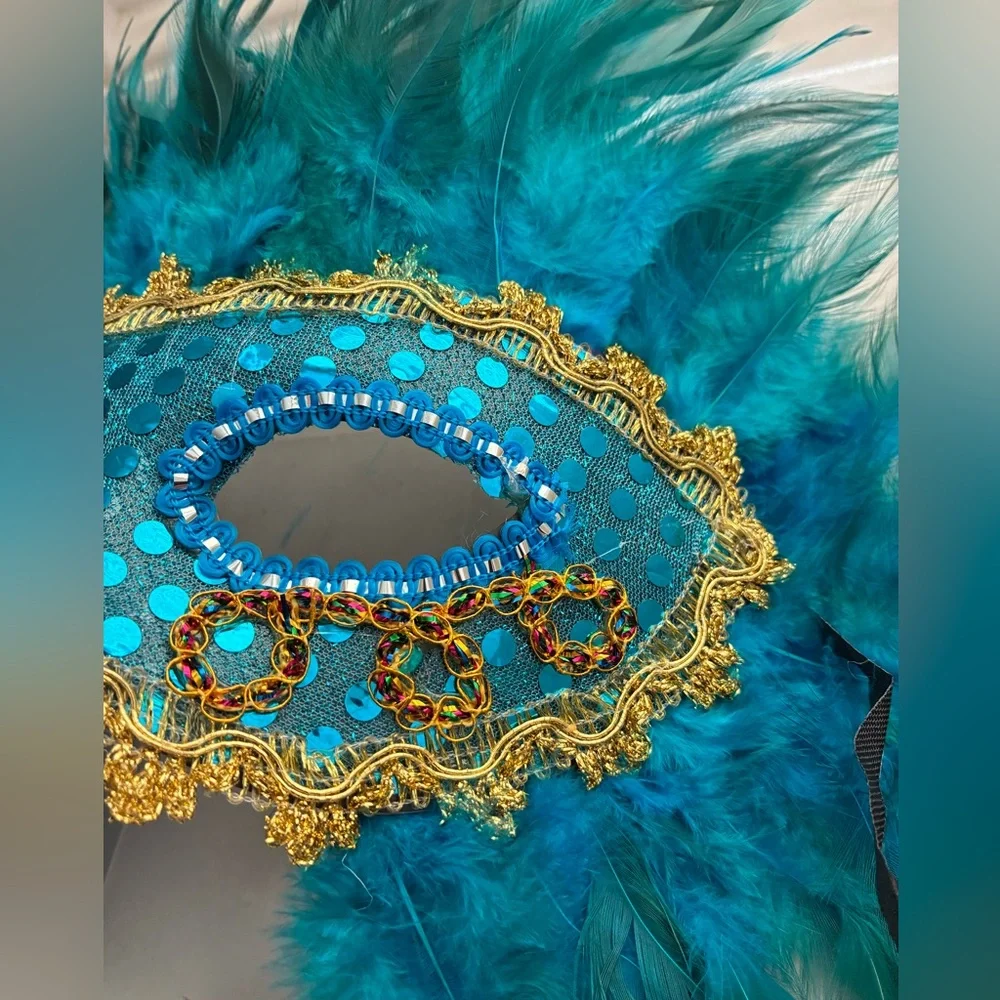Teal and Gold Feathered Masquerade Mask